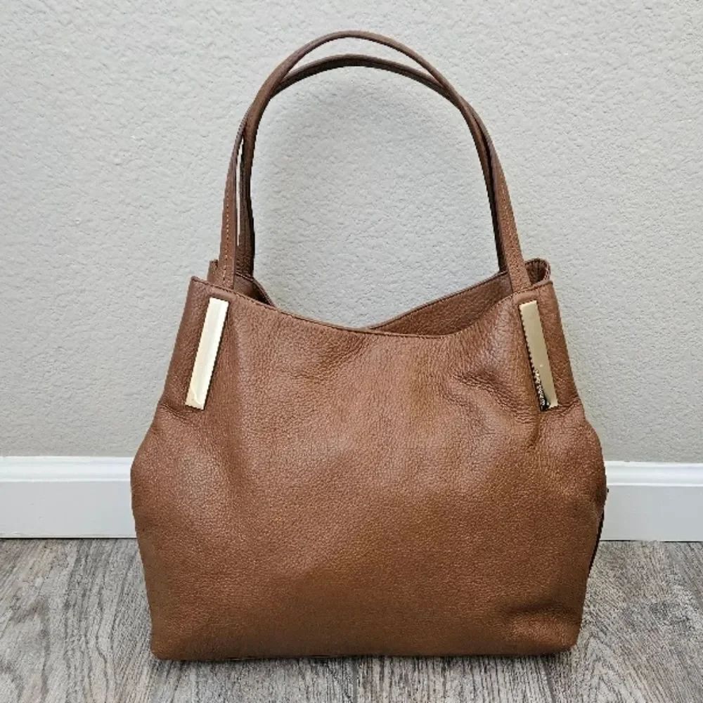 Vince Camuto Teri Mocha Bisque Pebble Grain Leather Shoulder Tote Bag